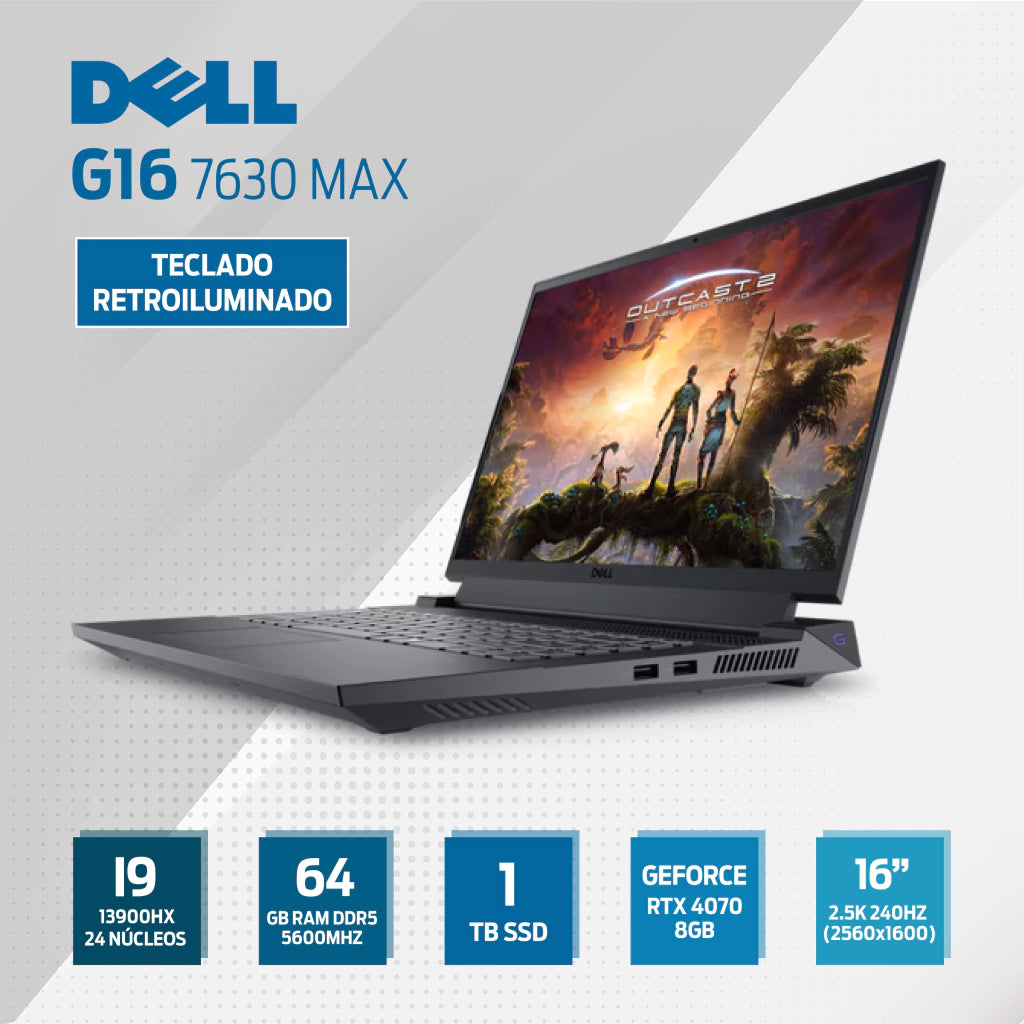 Dell G16 7630 MAX - I9 13900HX 24 Núcleos - 64GB Ram DDR5 5600MHz - 1TB SSD - 16" 2.5K 240Hz (2560x1600) - Nvidia GeForce RTX 4070 8GB