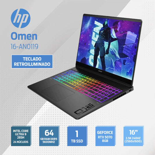 HP Omen 16-AN0119 - Intel Core Ultra 9 285H 24 Núcleos - 64GB Ram DDR5 5600MHz - 1TB SSD - 16" 2.5K 240Hz (2560x1600) - Nvidia Geforce RTX 5070 8GB